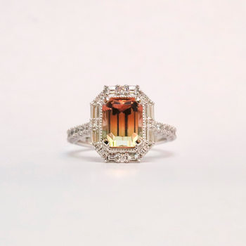 18ct White Gold Emerald Cut Watermelon Tourmaline Ring with Diamond Halo
