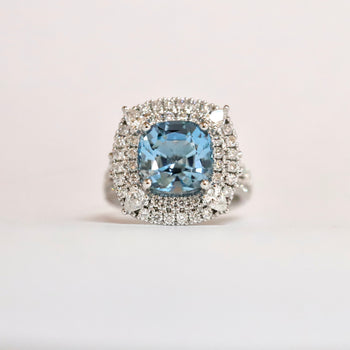 18ct White Gold Cushion Cut Blue Aquamarine Ring with Double Diamond Halo