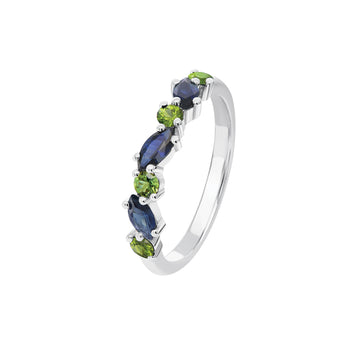 9ct White Gold Marquise Cut Blue Sapphire & Round Cut Green Sapphire Ring
