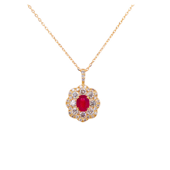 18ct Yellow Gold Ruby Cluster Floral Pendant Necklace