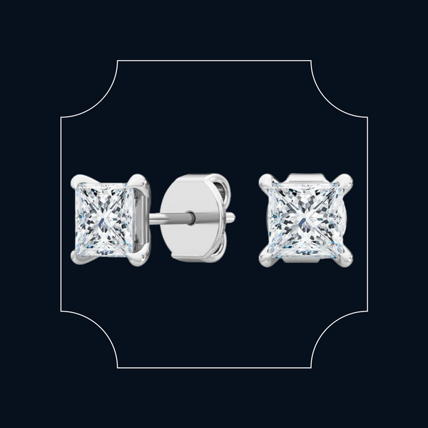 Princess Cut Dimond Bezel Stud Errings in 14K White Gold For Sle t