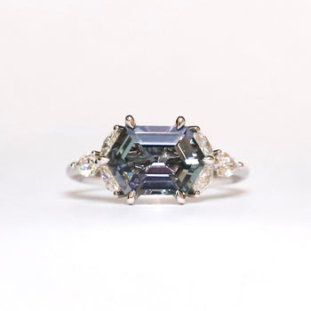 18ct White Gold Hexagon Green/Purple Tanzanite Ring with Marquise Side Diamonds