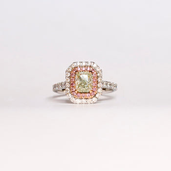 green pink white diamond halo ring