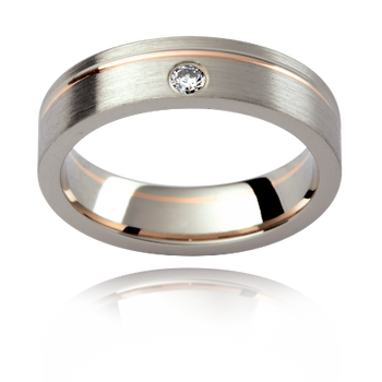 A white gold mens classic two tone wedding ring with a rose gold bezel detail and a round brilliant cut diamond
