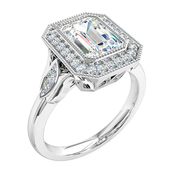 a platinum or white gold emerald cut diamond halo engagement ring