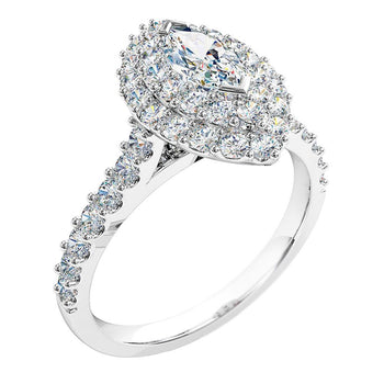 A platinum or white gold marquise cut diamond double halo cluster engagement ring with diamonds on the band