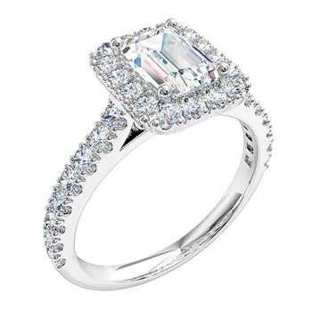 A platinum or white gold emerald cut diamond halo cluster halo engagement ring with diamond on the band in a individual claw setting