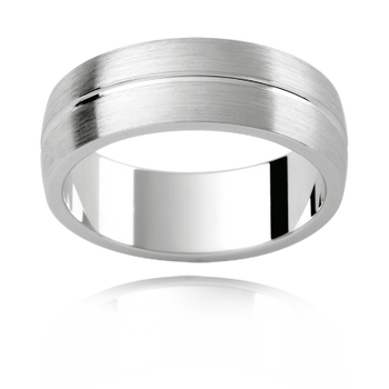 A platinum or white gold mens classic wedding ring with a beveled groove detail
