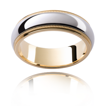 A white and yellow gold men's classic two tone wedding ring with a milgrain design on the sides