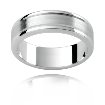 A platinum or white gold men's classic wedding ring with a polished and emery finished design