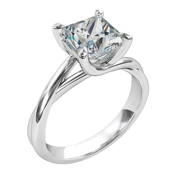 A platinum or white gold princess cut diamond solitaire twist band engagement ring