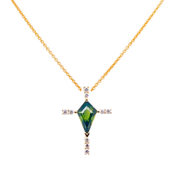 18ct Yellow Gold Cross Pendant with Kite Cut Parti Sapphire and Diamonds