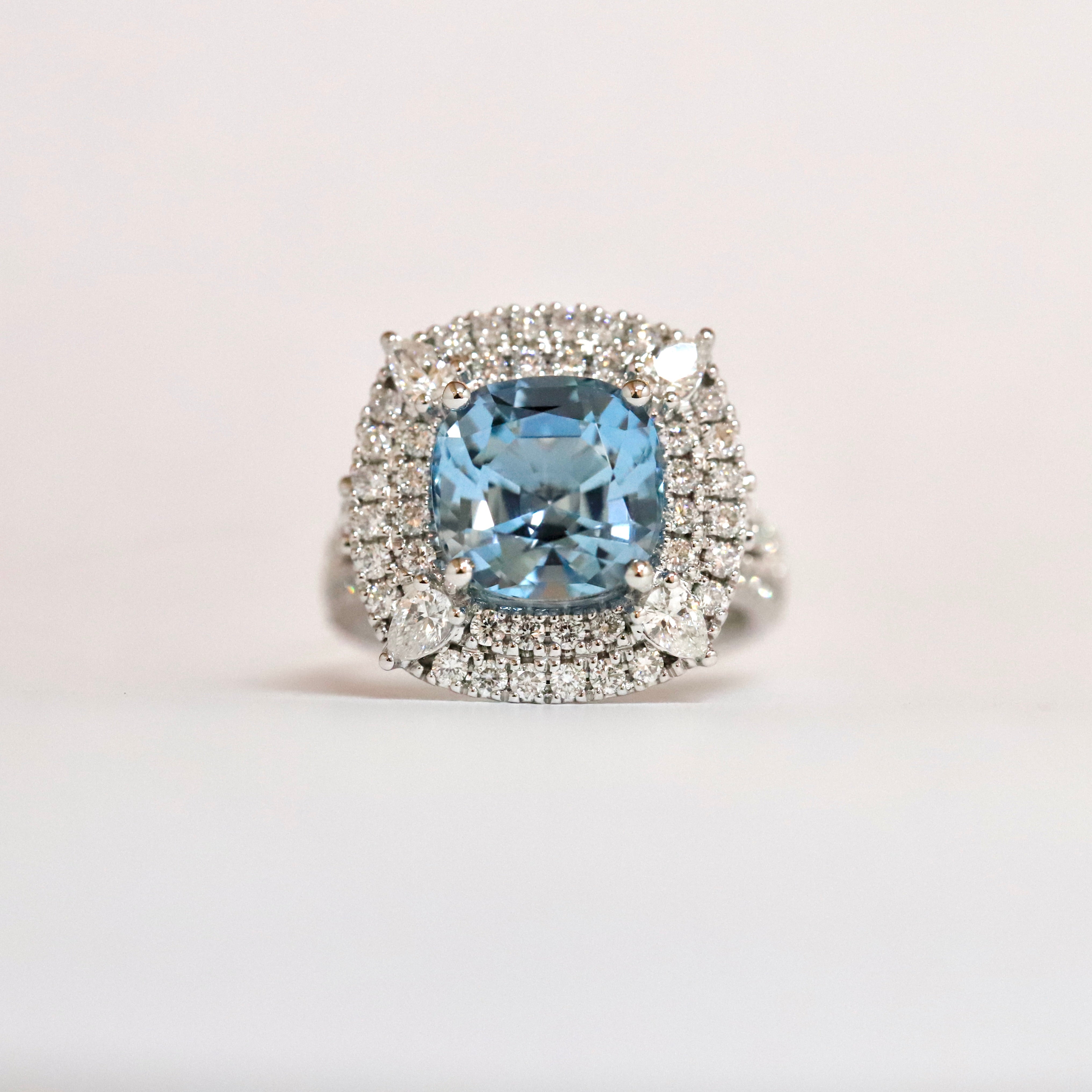 14 k White Gold Aquamarine & Diamond Halo Ring - Great Lakes Boutique