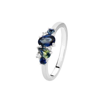 18ct White Gold Cluster Ring with Australian Teal, Blue Sapphire & Round Brilliant Cut Diamonds