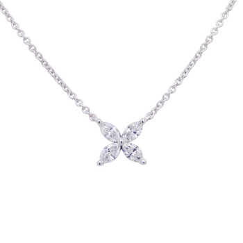 18ct White Gold Floral Marquise Cut Diamond Pendant Necklace