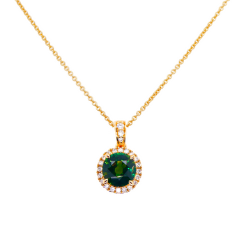 18ct Yellow Gold Pendant with Round Cut Parti Sapphire and Diamond Halo
