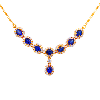 18ct Yellow Gold Blue Sapphire Diamond Halo Drop Pendant Necklace