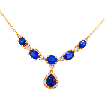 18ct Yellow Gold Oval & Pear Blue Sapphire Pendant Necklace with White Diamonds