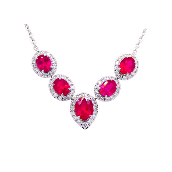 18ct White Gold Oval Cut Ruby Pendant Necklace with Diamond Halos