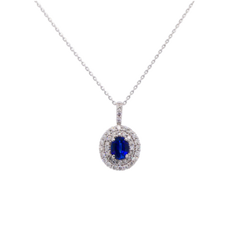 Platinum Double Halo Sapphire Pendant Necklace