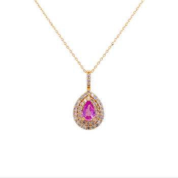 18ct Yellow Gold Pendant with Pear Cut Pink Sapphire and Double Halo