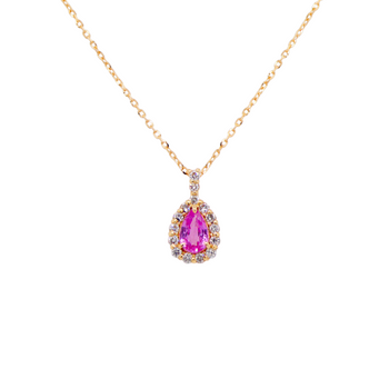 18ct Yellow Gold Pendant with Pear Cut Pink Sapphire and Diamond Halo