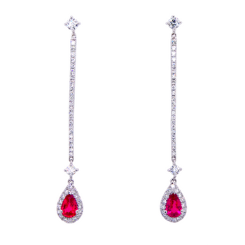 18ct White Gold Diamond Halo Pear Ruby Drop Earrings