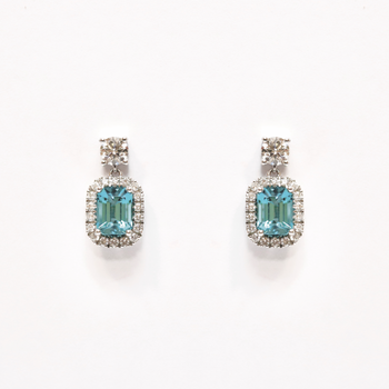 18ct White Gold Drop Earrings with Emerald Cut Tourmaline and Two Round Brilliant Diamonds