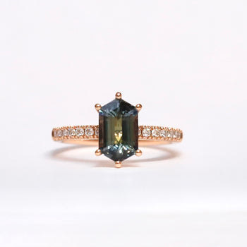 18ct Rose Gold Hexagonal Cut Tanzanite Ring with Diamond Shoulders