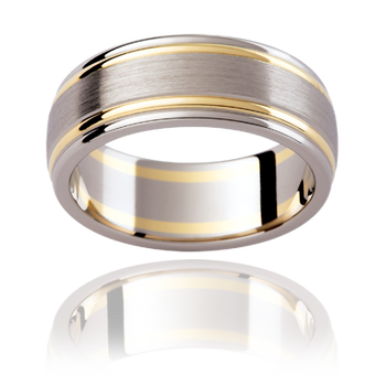 A white gold mens classic two tone wedding ring with yellow gold bezeled detailing