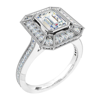 A platinum or white gold emerald cut diamond cluster halo engagement ring with diamonds on the band in a milgrain setting