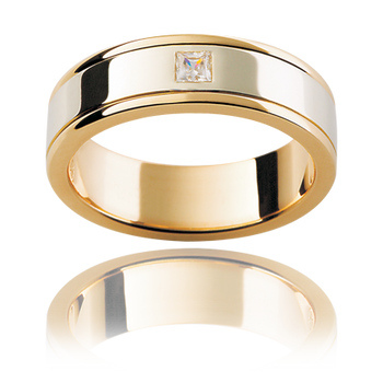 A white and yellow gold mens diamond wedding ring with a princess cut diamond