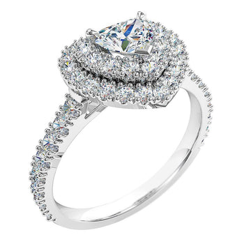 A platinum or white gold heart-shaped diamond double halo cluster engagement ring with diamonds on the band