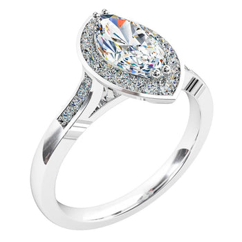 A platinum or white gold marquise cut diamond halo cluster engagement ring with diamonds on the band in a grain setting