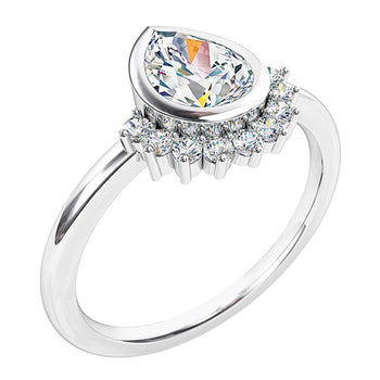 A platinum or white gold pear shaped diamond bezel set vintage halo solitaire engagement ring