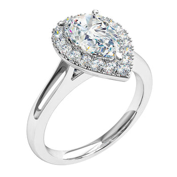 A platinum or white gold pear cut diamond cluster halo solitaire engagement ring 