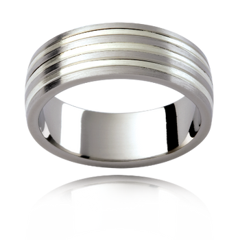 A platinum or white gold mens classic two tone wedding ring in an emery finish 