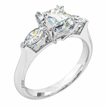 A platinum or white gold asscher cut diamond trilogy solitaire engagement ring featuring two marquise cut diamonds