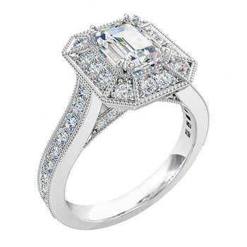 A platinum or white gold emerald cut diamond cluster halo engagement ring with diamonds on the band and bridge