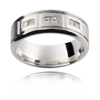 A platinum or white gold men's diamond wedding ring with six princess cut diamonds