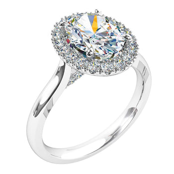 A platinum or white gold oval cut diamond cluster halo solitaire engagement ring with diamonds under the bridge