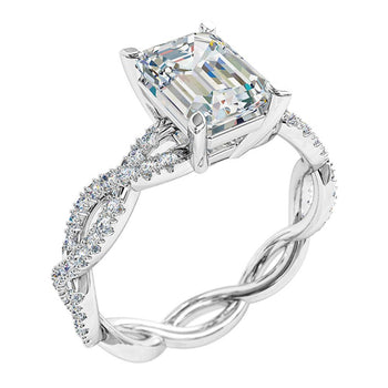 A platinum or white gold emerald cut diamond solitaire twist diamond band engagement ring 
