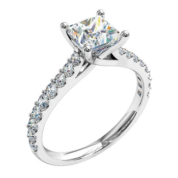 A platinum or white gold princess cut diamond solitaire engagement ring with diamonds on the band