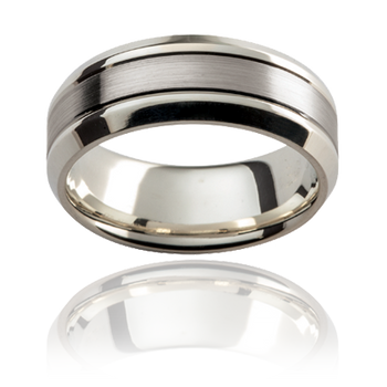 A platinum or white gold mens classic wedding ring with a emery and polished finish