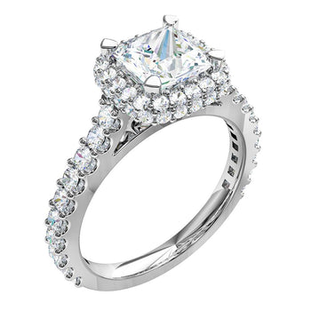 A platinum or white gold princess cut diamond double halo engagement ring. Complimented with diamonds on the band.
