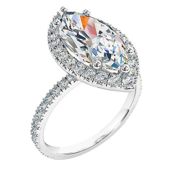 A platinum or white gold marquise brilliant cut diamond cluster halo engagement ring with diamonds on the band