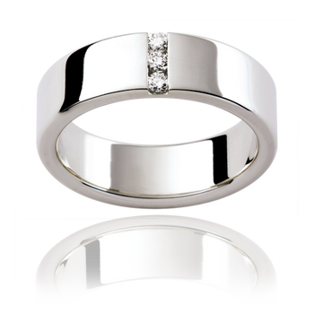 A platinum or white gold men's classic wedding ring with three round brilliant cut diamonds