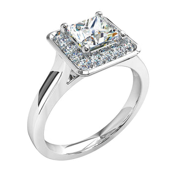 A platinum or white gold princess cut diamond bezel set halo solitaire engagement ring