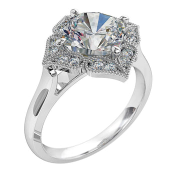 A platinum or white gold cushion cut diamond halo cluster solitaire milgrain engagement ring melbourne