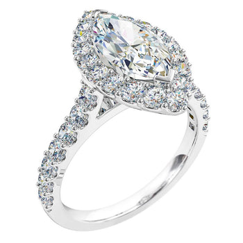 A platinum or white gold marquise cut diamond halo engagement ring with a shared claw diamond band